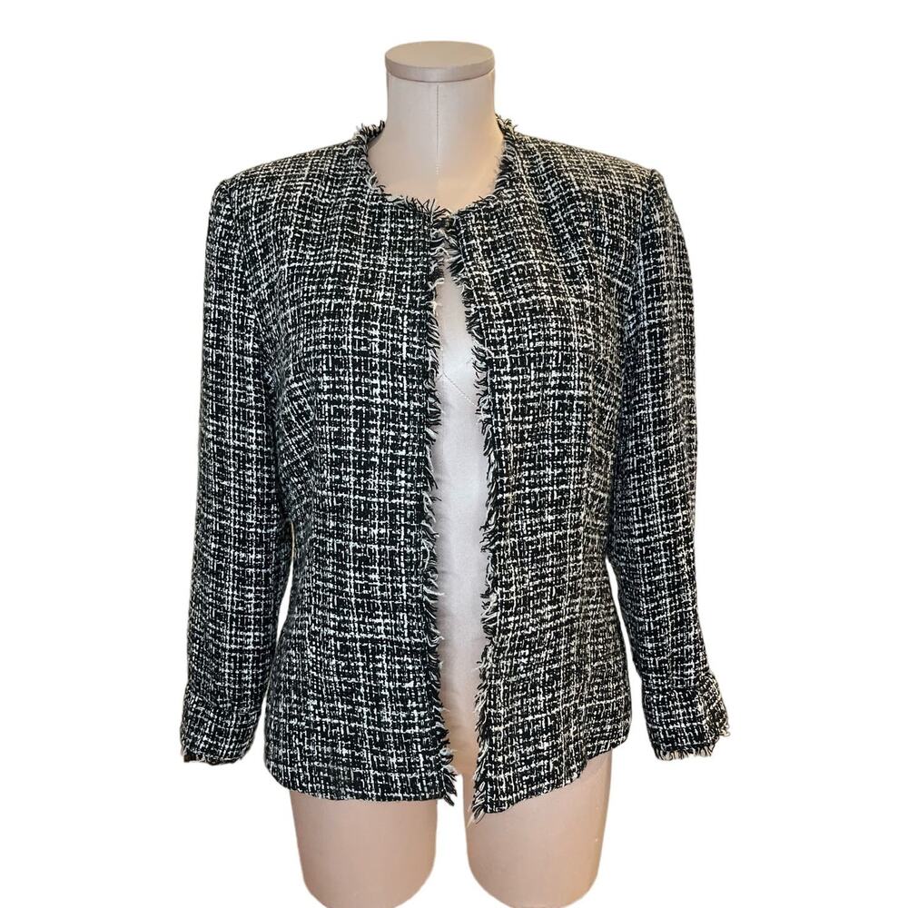 W.D.N.Y Women's Black and White Tweed Fringe Blazer Size 10